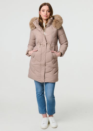 Izabel London Beige Faux Fur Hood Longline Puffer Jacket