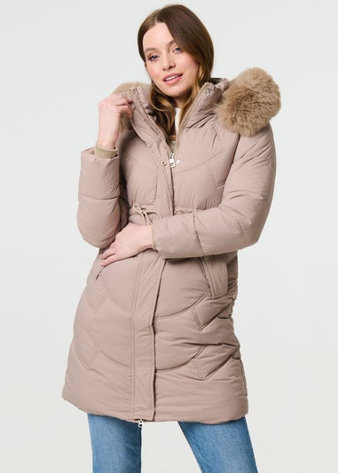 Izabel London Beige Faux Fur Hood Longline Puffer Jacket