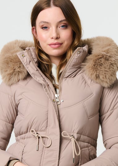 Izabel London Beige Faux Fur Hood Longline Puffer Jacket