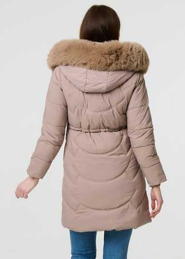 Izabel London Beige Faux Fur Hood Longline Puffer Jacket