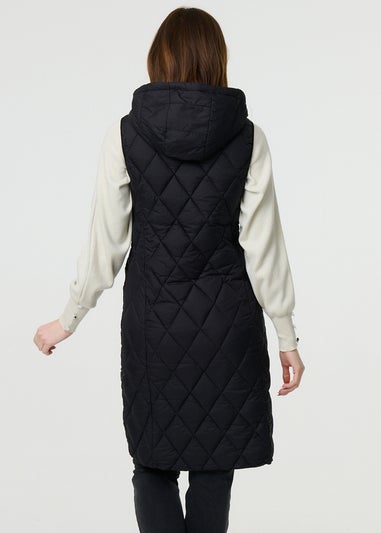 Izabel London Black Hooded Sleeveless Longline Puffer Gilet