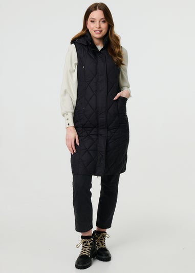 Izabel London Black Hooded Sleeveless Longline Puffer Gilet