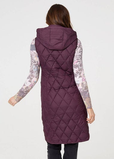 Izabel London Purple Hooded Sleeveless Longline Puffer Gilet