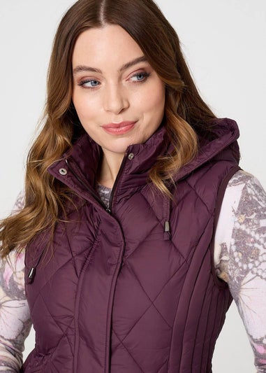 Izabel London Purple Hooded Sleeveless Longline Puffer Gilet