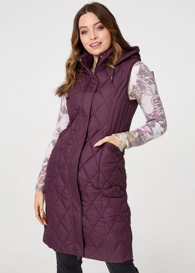 Izabel London Purple Hooded Sleeveless Longline Puffer Gilet