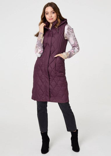 Izabel London Purple Hooded Sleeveless Longline Puffer Gilet