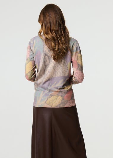 Izabel London Beige Abstract Long Sleeve Round Neck Knit Top
