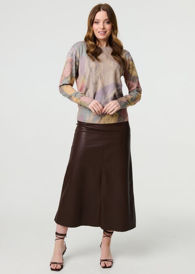 Izabel London Beige Abstract Long Sleeve Round Neck Knit Top