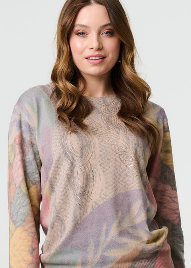 Izabel London Beige Abstract Long Sleeve Round Neck Knit Top