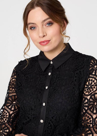 Izabel London Black Lace Layer Sheer Sleeve Cropped Shirt