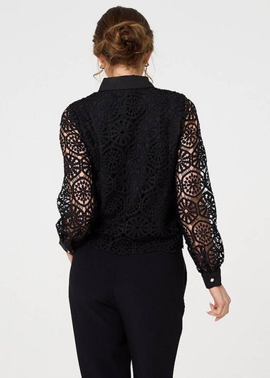 Izabel London Black Lace Layer Sheer Sleeve Cropped Shirt