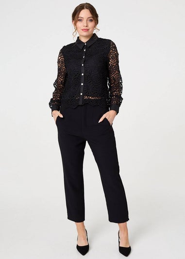 Izabel London Black Lace Layer Sheer Sleeve Cropped Shirt