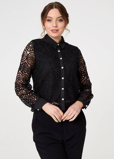 Izabel London Black Lace Layer Sheer Sleeve Cropped Shirt