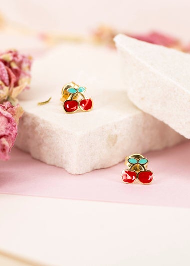 Golden Moments 9ct Yellow Gold Enamel Cherries Stud Earrings