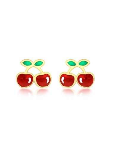 Golden Moments 9ct Yellow Gold Enamel Cherries Stud Earrings