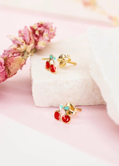 Golden Moments 9ct Yellow Gold Enamel Cherries Stud Earrings