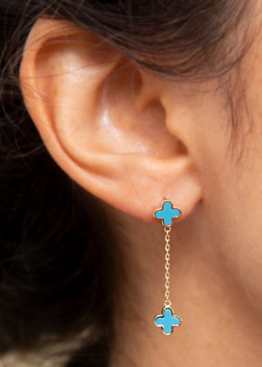 Golden Moments 9ct Yellow Gold Turquoise Clover Petals Drop Stud Earrings