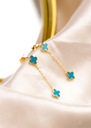 Golden Moments 9ct Yellow Gold Turquoise Clover Petals Drop Stud Earrings