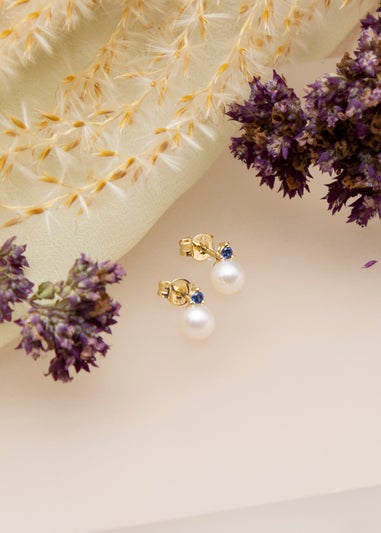 Golden Moments 9ct Yellow Gold Fresh Water Pearls with Round Blue CZ Stud Earrings