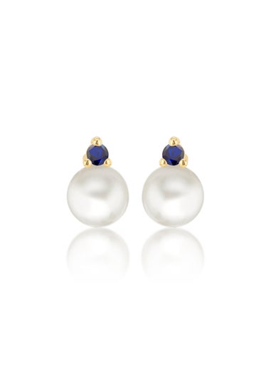 Golden Moments 9ct Yellow Gold Fresh Water Pearls with Round Blue CZ Stud Earrings