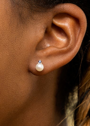 Golden Moments 9ct Yellow Gold Fresh Water Pearls with Round Blue CZ Stud Earrings