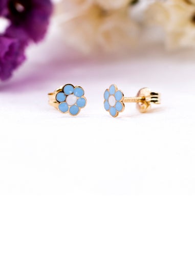 Golden Moments 9ct Yellow Gold Blue Enamel Flower Stud Earrings