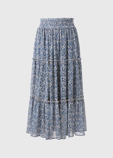 Blue Floral Tiered Maxi Skirt