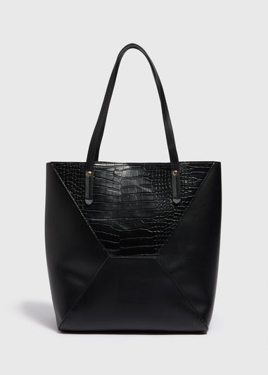 Black Faux Leather Croc Tote Bag