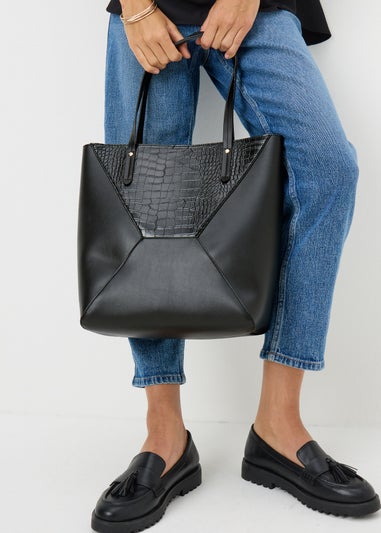 Black Faux Leather Croc Tote Bag