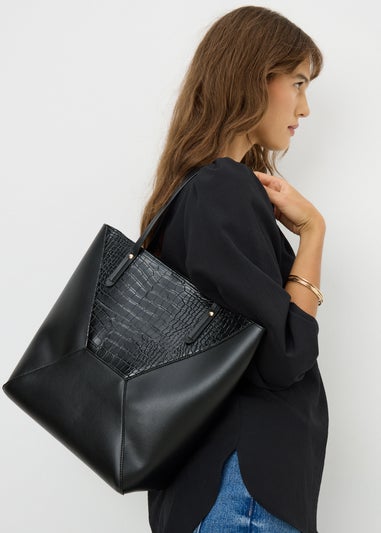 Black Faux Leather Croc Tote Bag