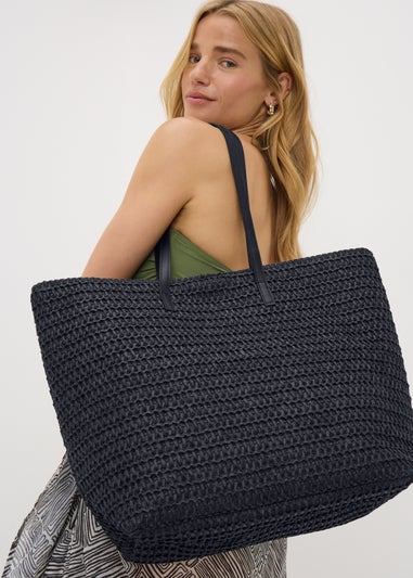 Black Straw Beach Bag