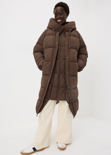 Brown Padded Long Showerproof Wrap Coat