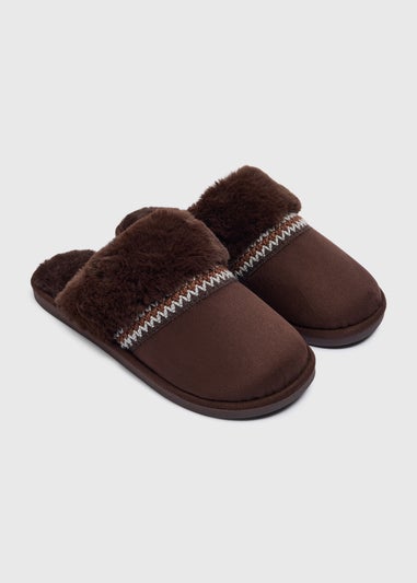 Brown Embroidered Mule Slippers