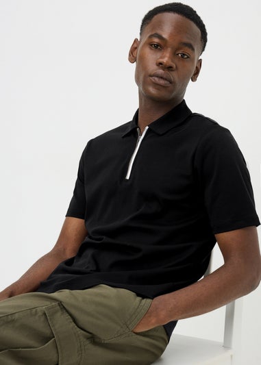 Black 1/4 Zip Liquid Cotton Polo Shirt