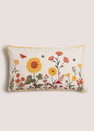 Neutral Embroidered Autumnal Floral Cushion