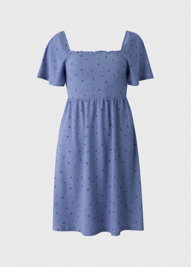 Blue Ditsy Floral Shirred Mini Dress