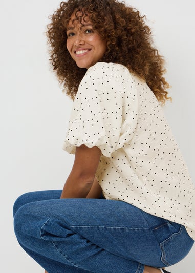 Cream Spot Print Puff Sleeve Blouse