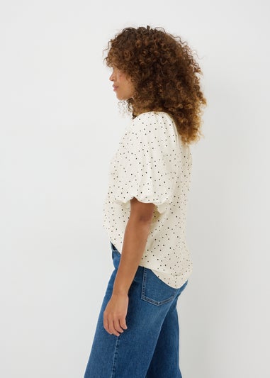 Cream Spot Print Puff Sleeve Blouse