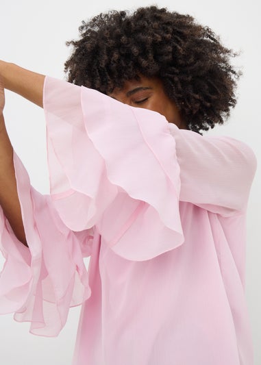 Pink Frill Sleeve Tie Neck Blouse