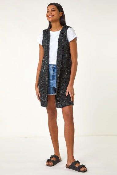 Roman Black Textured Fluffy Knit Hooded Gilet