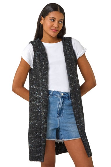 Roman Black Textured Fluffy Knit Hooded Gilet