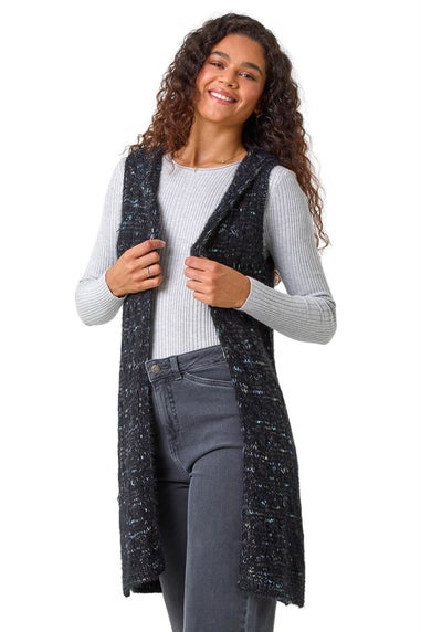 Roman Black Textured Fluffy Knit Hooded Gilet
