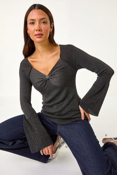 Roman Black Sweetheart Neck Ruched Knit Jumper