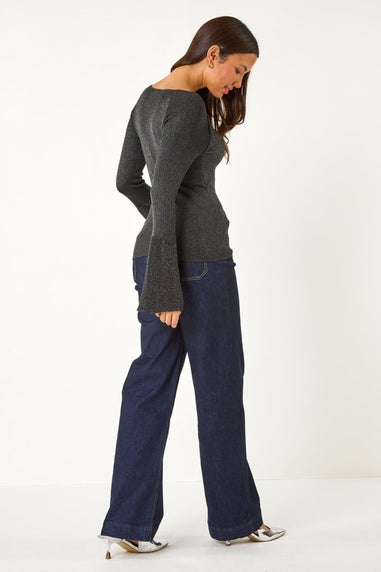 Roman Black Sweetheart Neck Ruched Knit Jumper