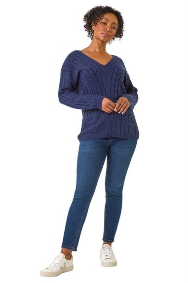 Roman Navy Petite V-Neck Knit Jumper