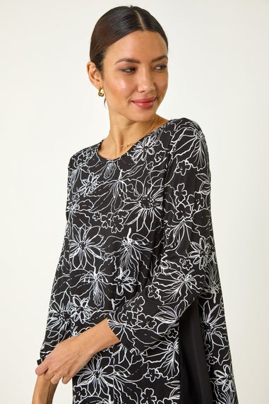 Roman Black Floral Print Mesh Hem Tunic Top