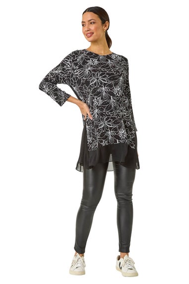 Roman Black Floral Print Mesh Hem Tunic Top