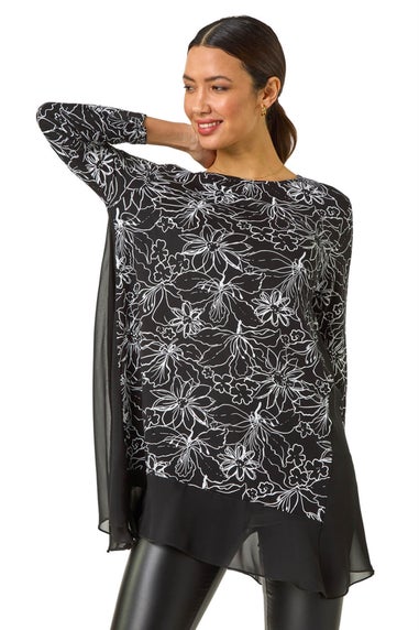 Roman Black Floral Print Mesh Hem Tunic Top