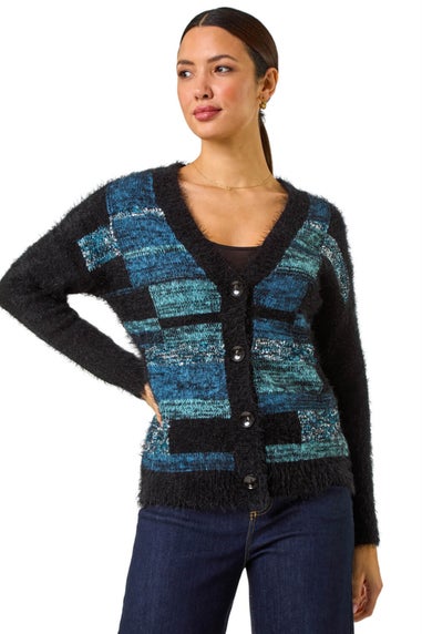 Roman Blue Colour Block Fluffy Knit Cardigan