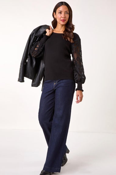 Roman Black Lace Sleeve Knit Jumper